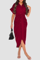 Red Elegant Solid Color Buckle Patchwork Ruched Strap Design Turndown Collar Dresses