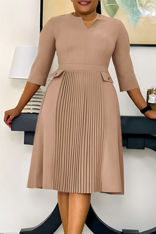 Khaki Elegant Solid Color Pleated V Neck A Line Dresses