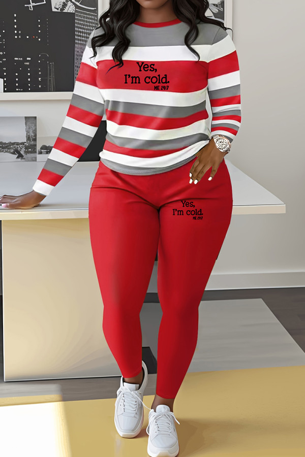 Red Casual Print Patchwork O Neck Long Sleeve Two Pieces