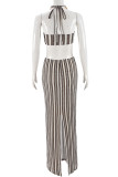 Brown Sexy Stripe Hollow Out Patchwork High Slit Strap Design Halter Two Pieces