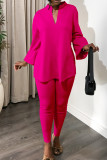 Rose Red Casual Solid Color Patchwork Slit V Neck Long Sleeve Two Pieces