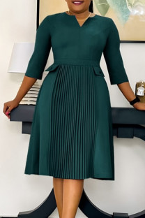 Dark Green Elegant Solid Color Pleated V Neck A Line Dresses