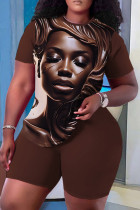 Coffee Casual Figure Print Basic O Neck Short Sleeve Two Pieces