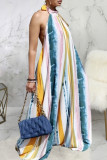 Multicolor Casual Print Patchwork Backless Strap Design Halter Loose Jumpsuits