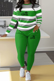 Red Casual Striped Print Letter Print Basic O Neck Long Sleeve Two Pieces