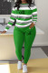 Green Casual Striped Print Letter Print Basic O Neck Long Sleeve Two Pieces