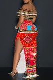 Rose Red Casual Print Slit Off Shoulder Long Dresses