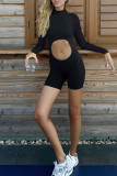Black Sexy Solid Color Hollow Out Patchwork O Neck Skinny Rompers