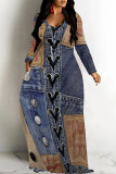 Multicolor Casual Street Faux Denim Print Pocket Contrast V Neck Printed Dresses