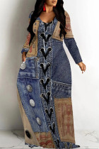 Dark Blue Casual Street Faux Denim Print Pocket Contrast V Neck Printed Dresses