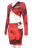 Red Sexy Print Hollow Out Patchwork V Neck Long Sleeve Two Pieces