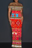 Rose Red Casual Print Slit Off Shoulder Long Dresses