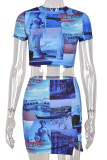 Blue Sexy Print Patchwork O Neck Short Sleeve Two Pieces