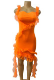Orange Sexy Solid Color Patchwork Backless Ruffled Trim Square Neck Wrapped Skirt Dresses