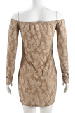 Khaki Sexy Flowers Patchwork Backless Off Shoulder Wrapped Skirt Dresses