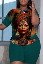 Malachite Green Casual Figure Print Basic O Neck Short Sleeve Two Pieces