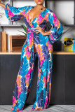 Multicolor Casual Print Patchwork Strap Design V Neck Loose Jumpsuits