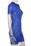 Blue Sexy Solid Color Hollow Out Patchwork Zipper Zipper Collar Skinny Rompers