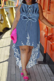 Multicolor Casual Street Faux Denim Print Irregular Contrast O Neck Irregular Plus Size Dresses