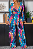 Multicolor Casual Print Patchwork Strap Design V Neck Loose Jumpsuits