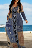Multicolor Casual Street Faux Denim Print Pocket Contrast V Neck Printed Dresses