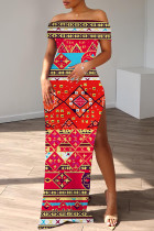 Red Casual Print Slit Off Shoulder Long Dresses