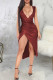 Burgundy Sexy Solid Color Patchwork Slit Ruched Deep V Neck Wrapped Skirt Dresses