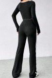 Black Casual Patchwork Contrast U Neck Long Sleeve Two Pieces