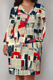 Multicolor Casual Street Graffiti Print Faux Denim Print Newspaper printing Pocket Contrast V Neck Printed Plus Size Dresses