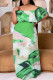 Grass Green Casual Print Patchwork Off Shoulder Long Plus Size Dresses