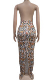 Leopard Print Elegant Leopard Print Patchwork Backless Slit Deep V Neck Long Dresses