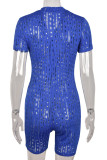 Blue Sexy Solid Color Hollow Out Patchwork Zipper Zipper Collar Skinny Rompers