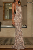 Leopard Print Elegant Leopard Print Patchwork Backless Strap Design Halter Long Dresses