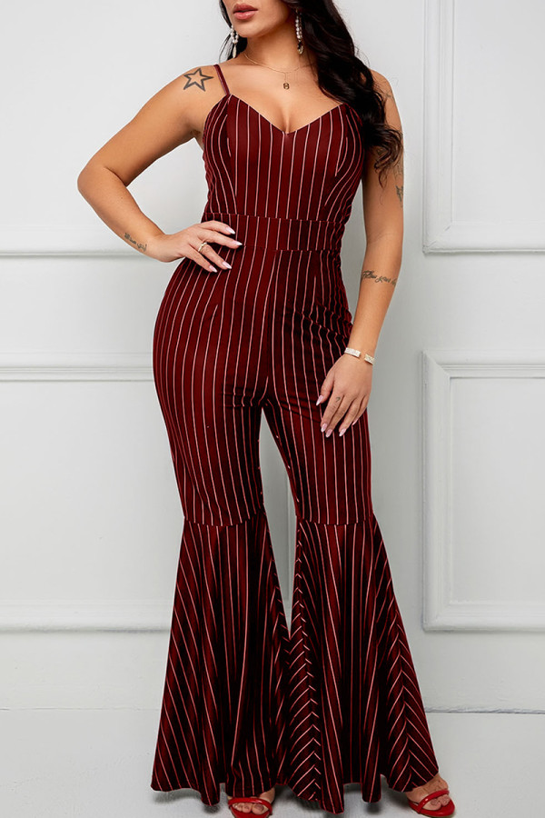 Burgundy Casual Stripe Patchwork Zipper Spaghetti Strap Bodycon Jumpsuits