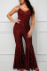 Burgundy Casual Stripe Patchwork Zipper Spaghetti Strap Bodycon Jumpsuits