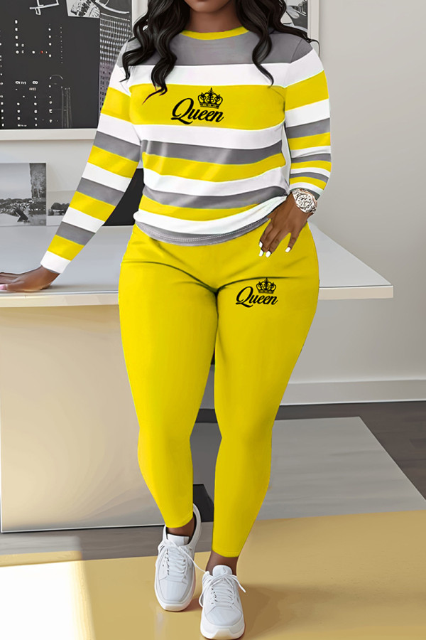 Yellow Casual Striped Print Letter Print Basic O Neck Long Sleeve Two Pieces