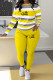 Yellow Casual Striped Print Letter Print Basic O Neck Long Sleeve Two Pieces