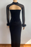 Black Elegant Solid Color Hollow Out Patchwork Mesh Fluffy Turtleneck Long Sleeve Two Pieces