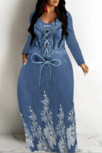 Medium Blue Casual Street Faux Denim Print Pocket Contrast V Neck Printed Dresses