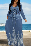 Multicolor Casual Street Faux Denim Print Pocket Contrast V Neck Printed Dresses