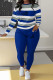 Blue Casual Striped Print Letter Print Basic O Neck Long Sleeve Two Pieces