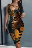 Navy Blue Casual Figure Print Basic U Neck Vest Dresses