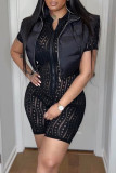 Blue Sexy Solid Color Hollow Out Patchwork Zipper Zipper Collar Skinny Rompers