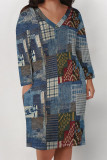 Multicolor Casual Street Graffiti Print Faux Denim Print Newspaper printing Pocket Contrast V Neck Printed Plus Size Dresses