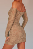 Khaki Sexy Flowers Patchwork Backless Off Shoulder Wrapped Skirt Dresses