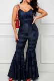 Grey Casual Stripe Patchwork Zipper Spaghetti Strap Bodycon Jumpsuits