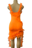 Orange Sexy Solid Color Patchwork Backless Ruffled Trim Square Neck Wrapped Skirt Dresses