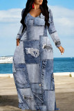 Multicolor Casual Street Faux Denim Print Pocket Contrast V Neck Printed Dresses