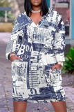 Multicolor Casual Street Graffiti Print Faux Denim Print Newspaper printing Pocket Contrast V Neck Printed Plus Size Dresses