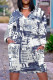 Baby Blue Casual Street Graffiti Print Faux Denim Print Newspaper printing Pocket Contrast V Neck Printed Plus Size Dresses